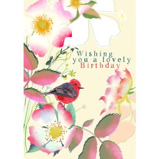 Card - Pink Flowers & Bird by Mira Paradies